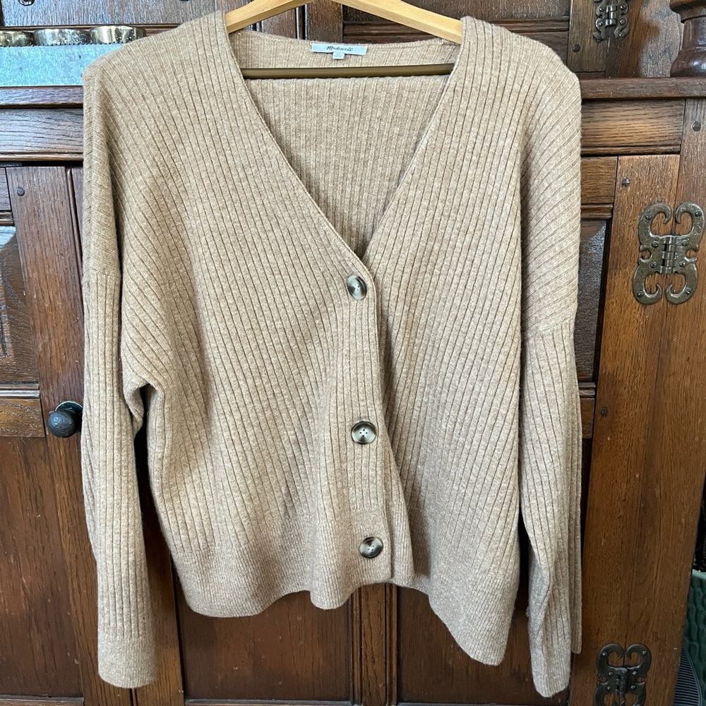 Madewell Cameron Ribbed Cardigan Sweater Heather Ash Tan Size XL worn twice!